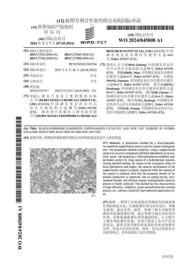 冰球突破网站：兴发集团公布国际专利申请：“黑磷改性铜基催化剂及在有机物加氢还原反应上的新用途”(图1)